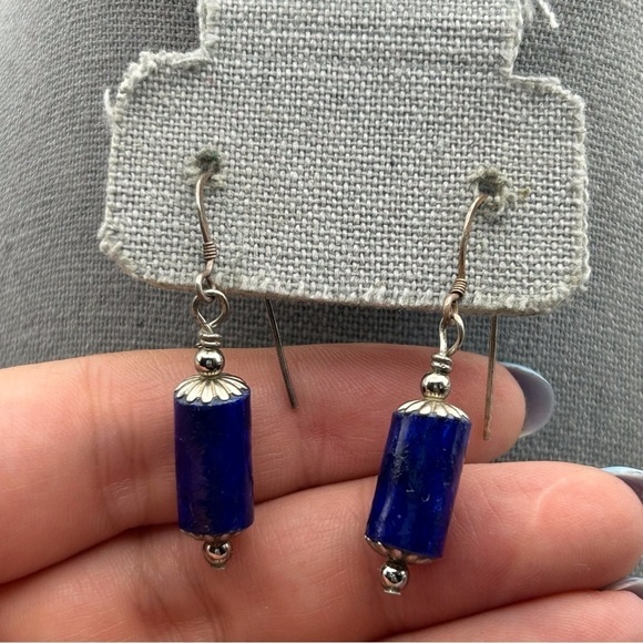925 Sterling Silver Hook Dangle Earrings with Royal Blue Lamp Inspired Design - Picture 2 of 8